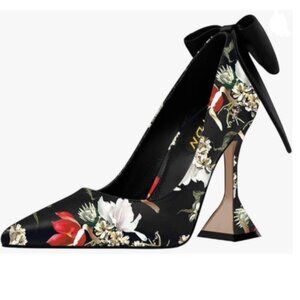 YDN Black Floral Print Pointy Toe Slip on Pumps Special High Heels Party Shoe